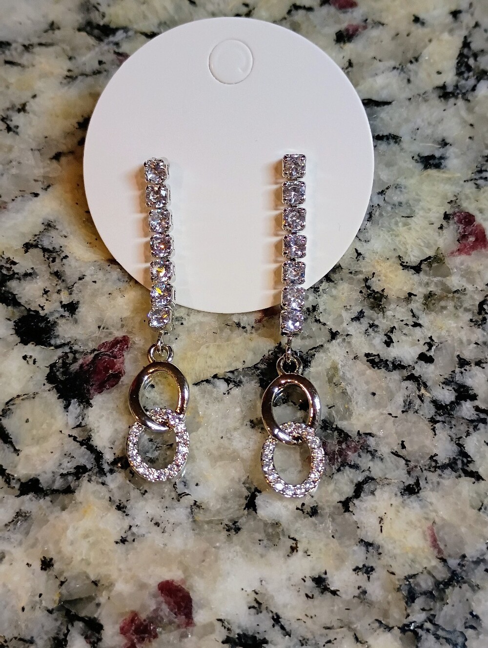 New Silver Linked Hoop Drop Earrings with Clear Crystals